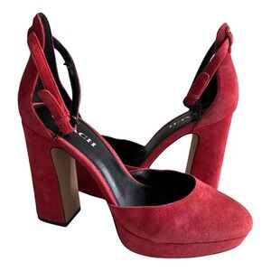 Coach Red Suede Rexy Charm Platform Block Heel Ankle Strap Pumps 7.5B